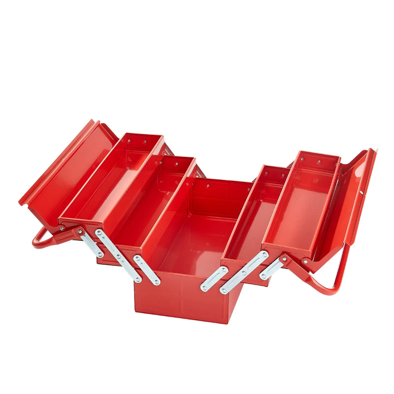 Metāla instrumentu kaste 45,7 cm, 3 līmeņu 5 nodalījumu salokāma pārnēsājama ar rokturi un aizslēga vietu, pulverkrāsots tērauds, sarkana