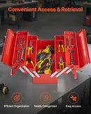 Metāla instrumentu kaste 45,7 cm, 3 līmeņu 5 nodalījumu salokāma pārnēsājama ar rokturi un aizslēga vietu, pulverkrāsots tērauds, sarkana