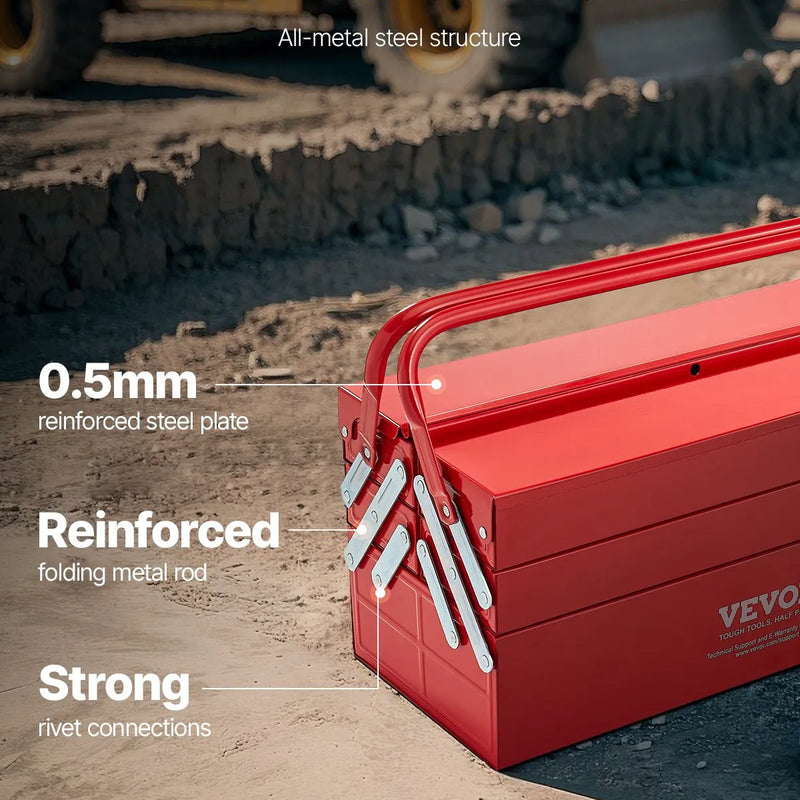 Metāla instrumentu kaste 45,7 cm, 3 līmeņu 5 nodalījumu salokāma pārnēsājama ar rokturi un aizslēga vietu, pulverkrāsots tērauds, sarkana