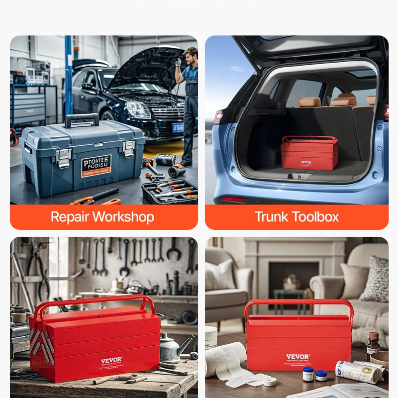 Metāla instrumentu kaste 45,7 cm, 3 līmeņu 5 nodalījumu salokāma pārnēsājama ar rokturi un aizslēga vietu, pulverkrāsots tērauds, sarkana