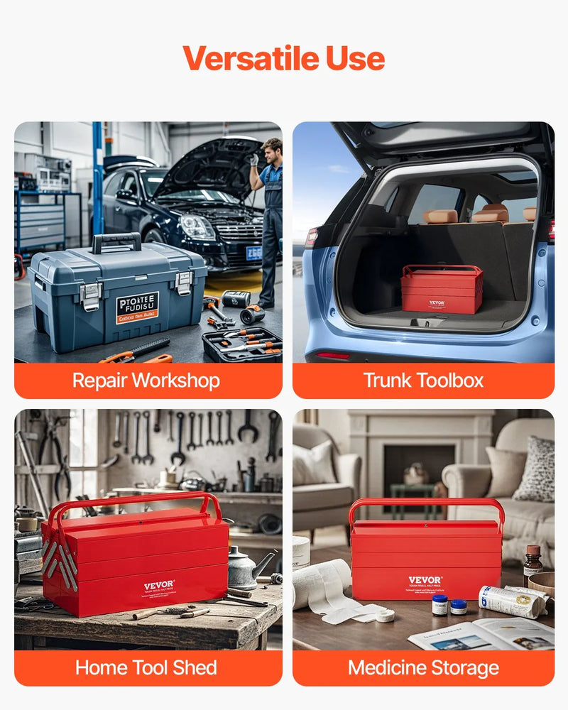 Metāla instrumentu kaste 45,7 cm, 3 līmeņu 5 nodalījumu salokāma pārnēsājama ar rokturi un aizslēga vietu, pulverkrāsots tērauds, sarkana