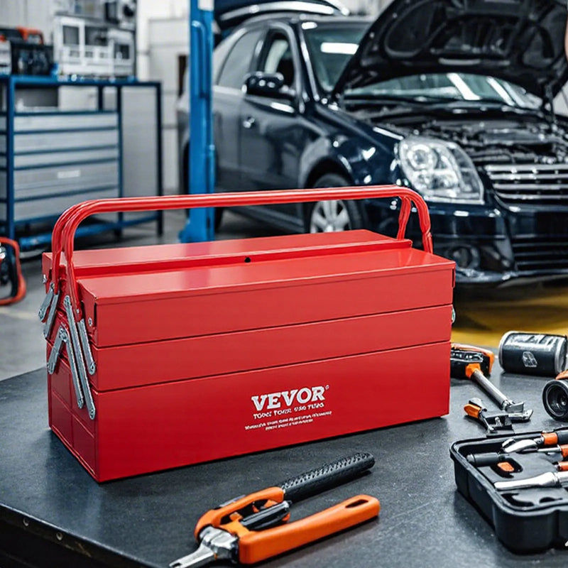 Metāla instrumentu kaste 45,7 cm, 3 līmeņu 5 nodalījumu salokāma pārnēsājama ar rokturi un aizslēga vietu, pulverkrāsots tērauds, sarkana