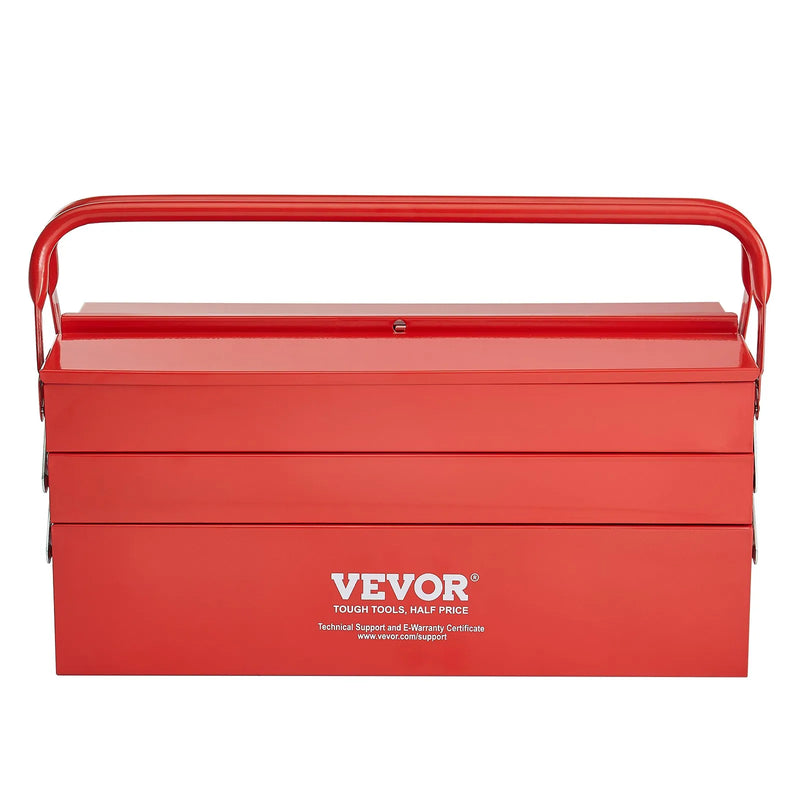 Metāla instrumentu kaste 45,7 cm, 3 līmeņu 5 nodalījumu salokāma pārnēsājama ar rokturi un aizslēga vietu, pulverkrāsots tērauds, sarkana