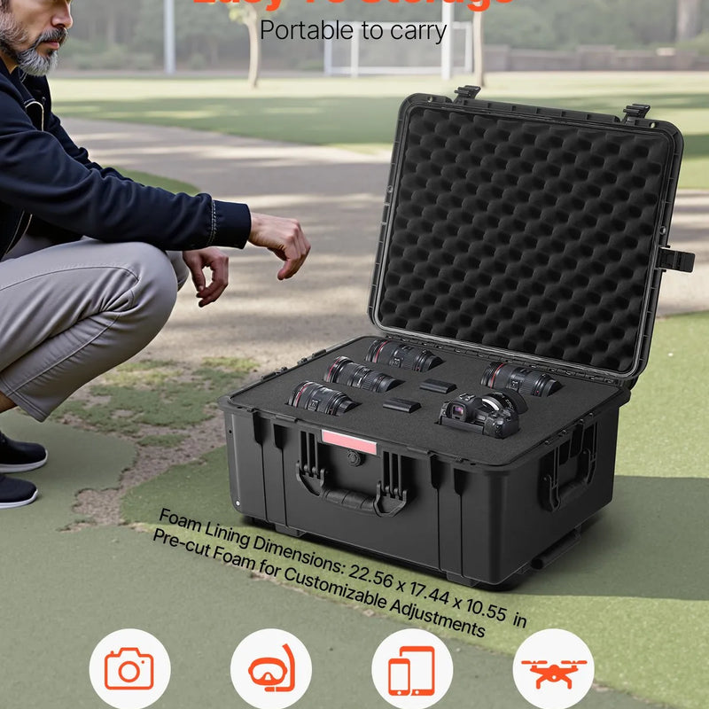 VEVOR 99 L ūdensnecaurlaidīgs un putekļdrošs cietais pārvadāšanas konteiners ar riteņiem, izbīdāmu rokturi, IP67 aizsardzību, aizdares klipšiem, piekaramās atslēgas atverēm un putu ieliktni, melns, liels izmērs