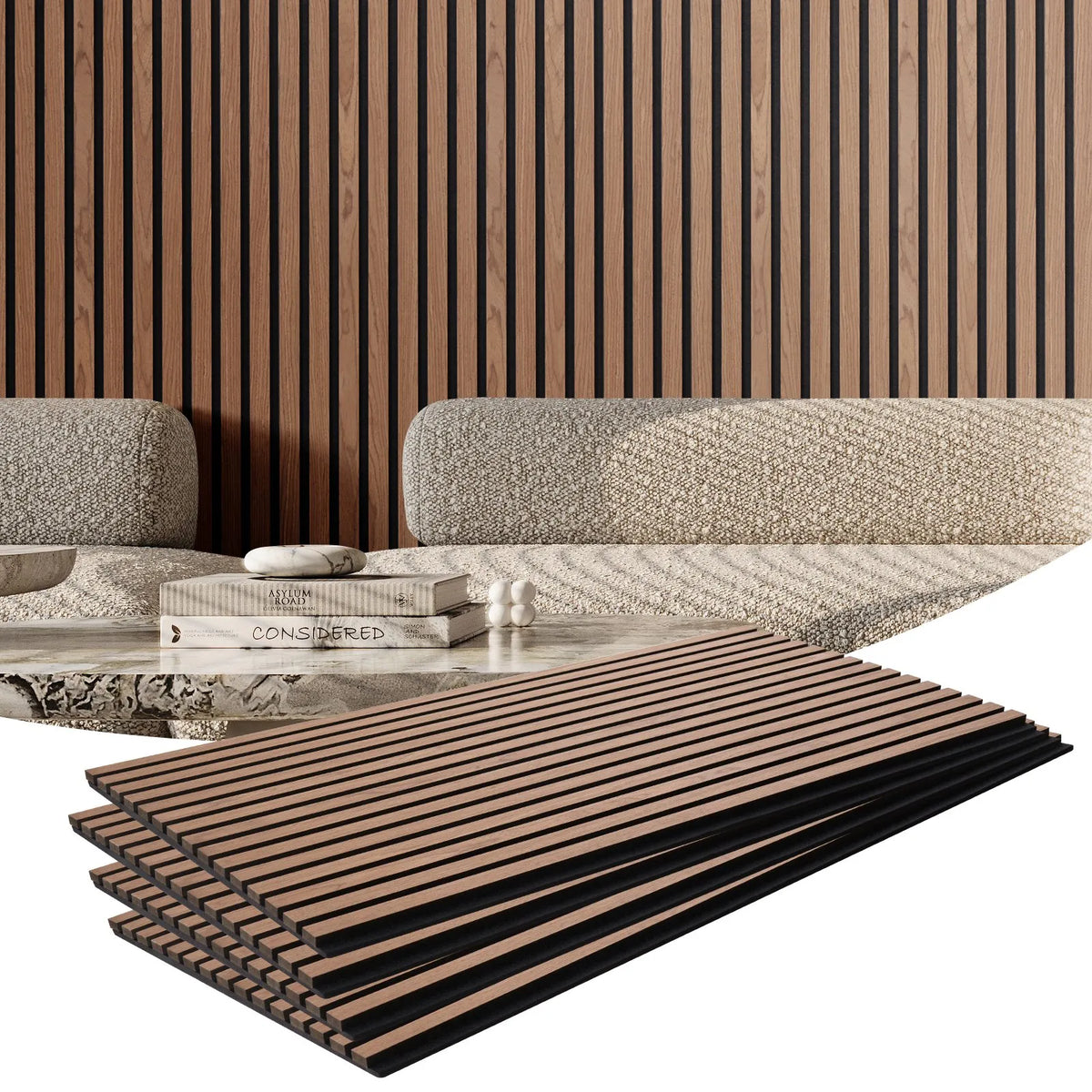 VEVOR koka līstu akustiskie paneļi, 600 × 1200 mm, MDF akcenta koka sienas paneļi modernam interjeram, mākslīgā koka sienas paneļi stilīgam dekoram un trokšņu samazināšanai, valrieksta krāsā