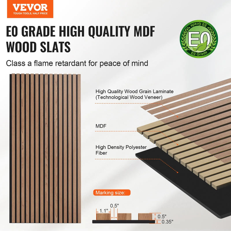 VEVOR koka līstu akustiskie paneļi, 600 × 1200 mm, MDF akcenta koka sienas paneļi modernam interjeram, mākslīgā koka sienas paneļi stilīgam dekoram un trokšņu samazināšanai, valrieksta krāsā