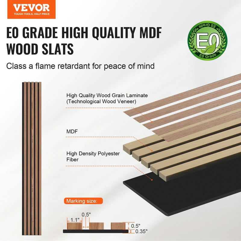 VEVOR koka līstu akustiskie paneļi, 200 × 2400 mm, MDF akcenta koka sienas paneļi modernam interjeram, mākslīgā koka sienas paneļi stilīgam dekoram un trokšņu samazināšanai, valrieksta krāsā