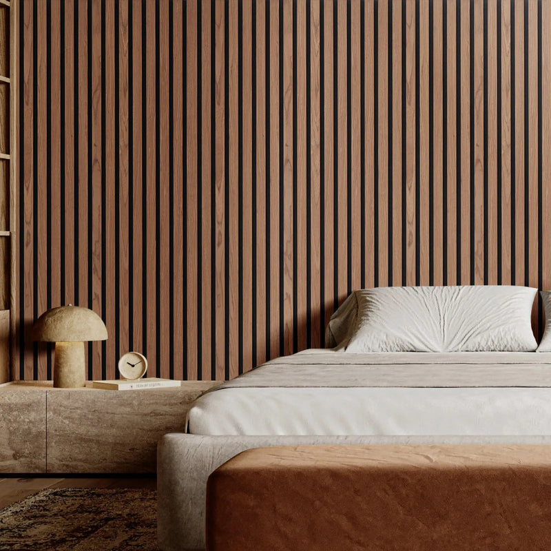 VEVOR koka līstu akustiskie paneļi, 200 × 2400 mm, MDF akcenta koka sienas paneļi modernam interjeram, mākslīgā koka sienas paneļi stilīgam dekoram un trokšņu samazināšanai, valrieksta krāsā