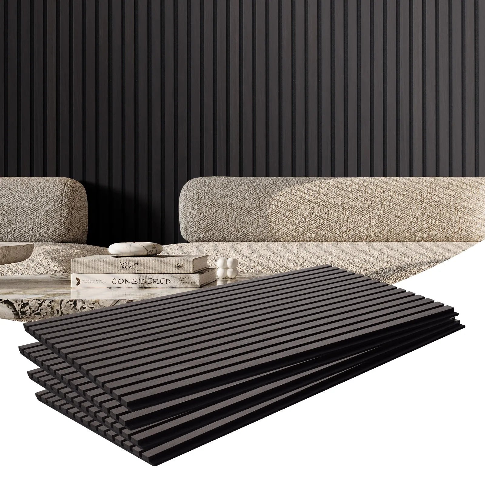 VEVOR koka līstu akustiskie paneļi, 600 × 1200 mm, MDF akcenta koka sienas paneļi modernam interjera dekoram, mākslīgā koka sienas paneļi trokšņu samazināšanai, melnā ozola krāsā