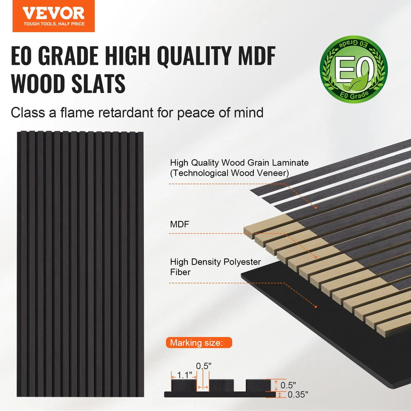 VEVOR koka līstu akustiskie paneļi, 600 × 1200 mm, MDF akcenta koka sienas paneļi modernam interjera dekoram, mākslīgā koka sienas paneļi trokšņu samazināšanai, melnā ozola krāsā