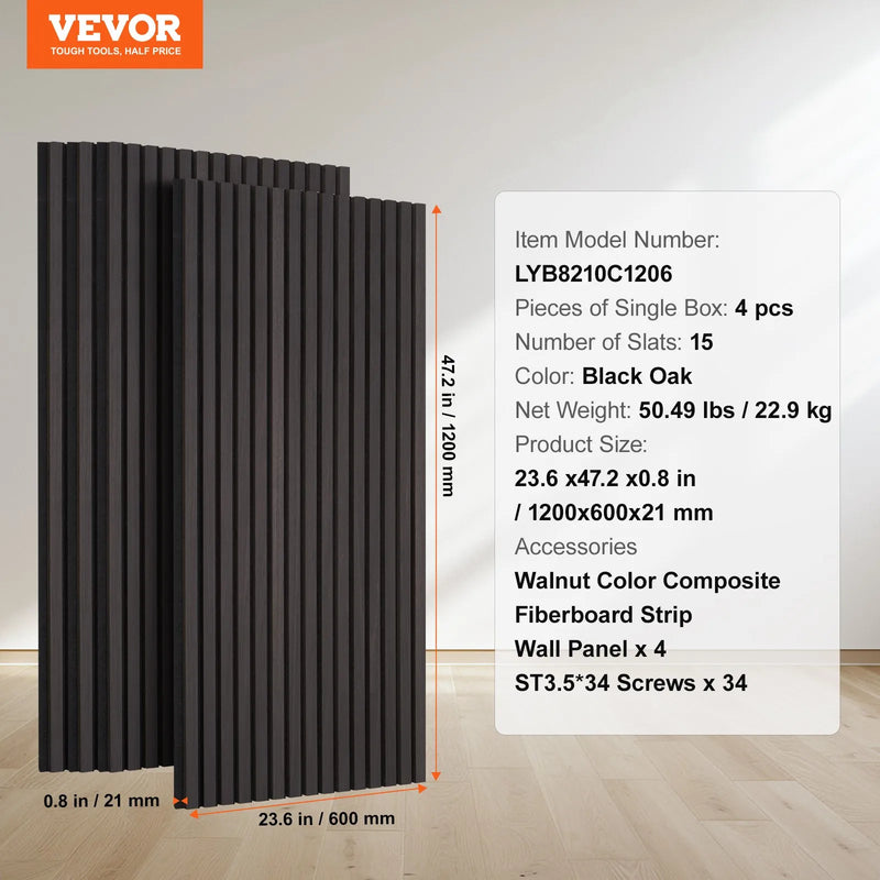 VEVOR koka līstu akustiskie paneļi, 600 × 1200 mm, MDF akcenta koka sienas paneļi modernam interjera dekoram, mākslīgā koka sienas paneļi trokšņu samazināšanai, melnā ozola krāsā