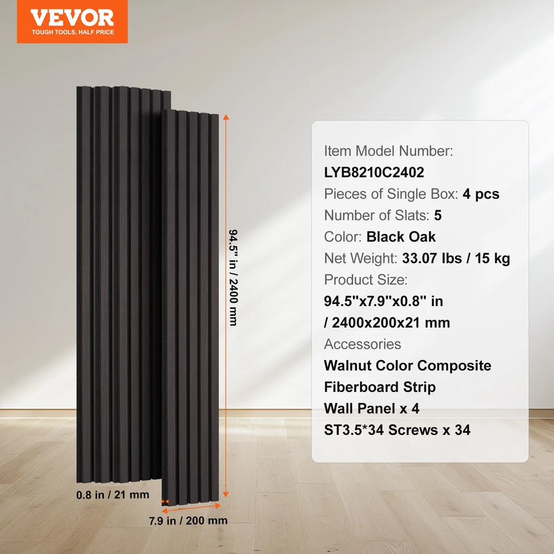 VEVOR koka līstu akustiskie paneļi, 200 × 2400 mm, MDF akcenta sienas paneļi modernam interjera dizainam, mākslīgā koka sienas paneļi trokšņu samazināšanai, melnā ozola krāsā