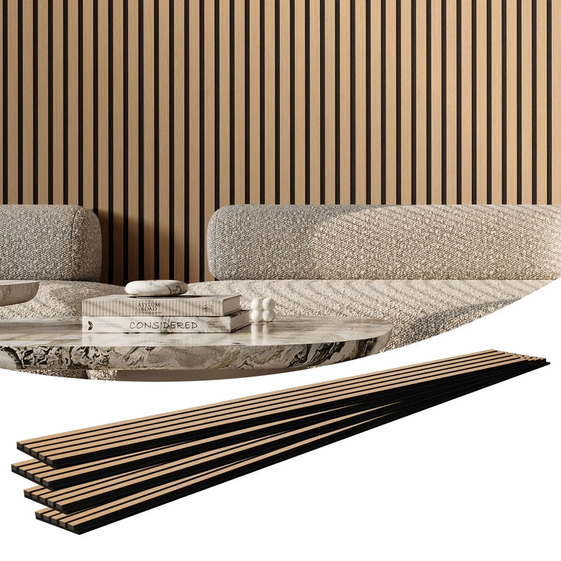 VEVOR koka līstu akustiskie paneļi, 200 × 2400 mm, MDF akcenta sienas paneļi modernam interjera dizainam, mākslīgā koka sienas paneļi trokšņu samazināšanai, gaišā ozola krāsā
