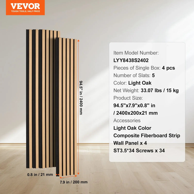 VEVOR koka līstu akustiskie paneļi, 200 × 2400 mm, MDF akcenta sienas paneļi modernam interjera dizainam, mākslīgā koka sienas paneļi trokšņu samazināšanai, gaišā ozola krāsā