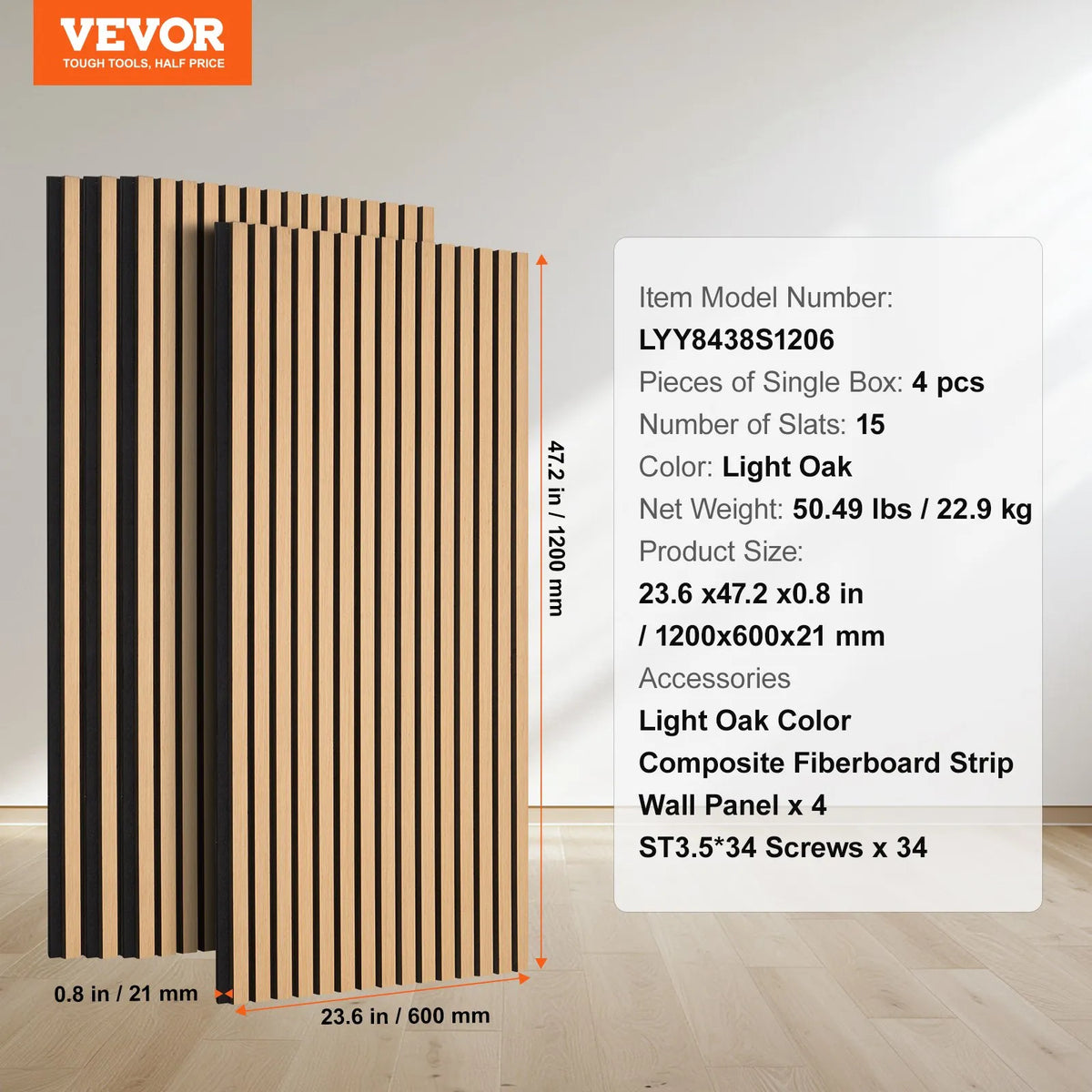 VEVOR koka līstu akustiskie paneļi, 60 × 120 cm, MDF sienas dekors trokšņu samazināšanai, gaišs ozols
