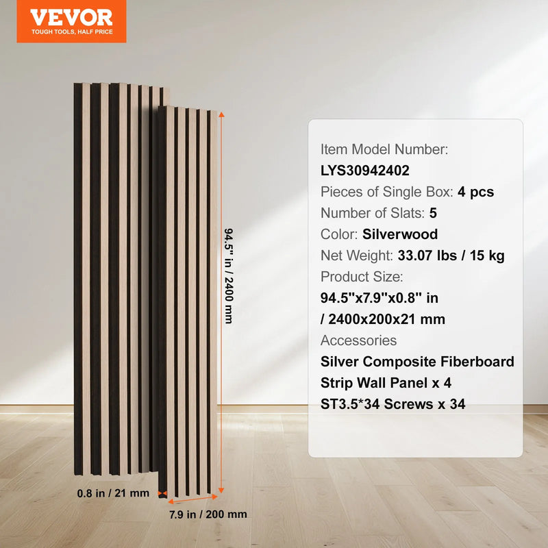 VEVOR koka līstu akustiskie paneļi, 200 × 2400 mm, MDF akcenta koka sienas paneļi modernam interjera dekoram, mākslīgā koka sienas paneļi trokšņu samazināšanai, sudrabkoka krāsā