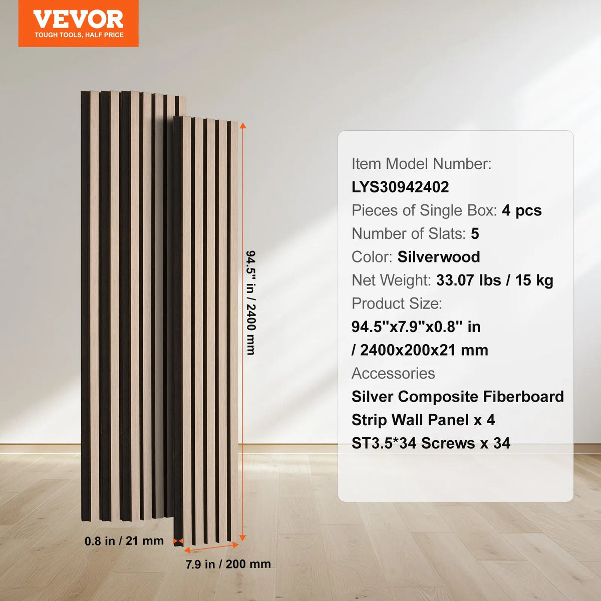 VEVOR koka līstu akustiskie paneļi, 200 × 2400 mm, MDF akcenta koka sienas paneļi modernam interjera dekoram, mākslīgā koka sienas paneļi trokšņu samazināšanai, sudrabkoka krāsā