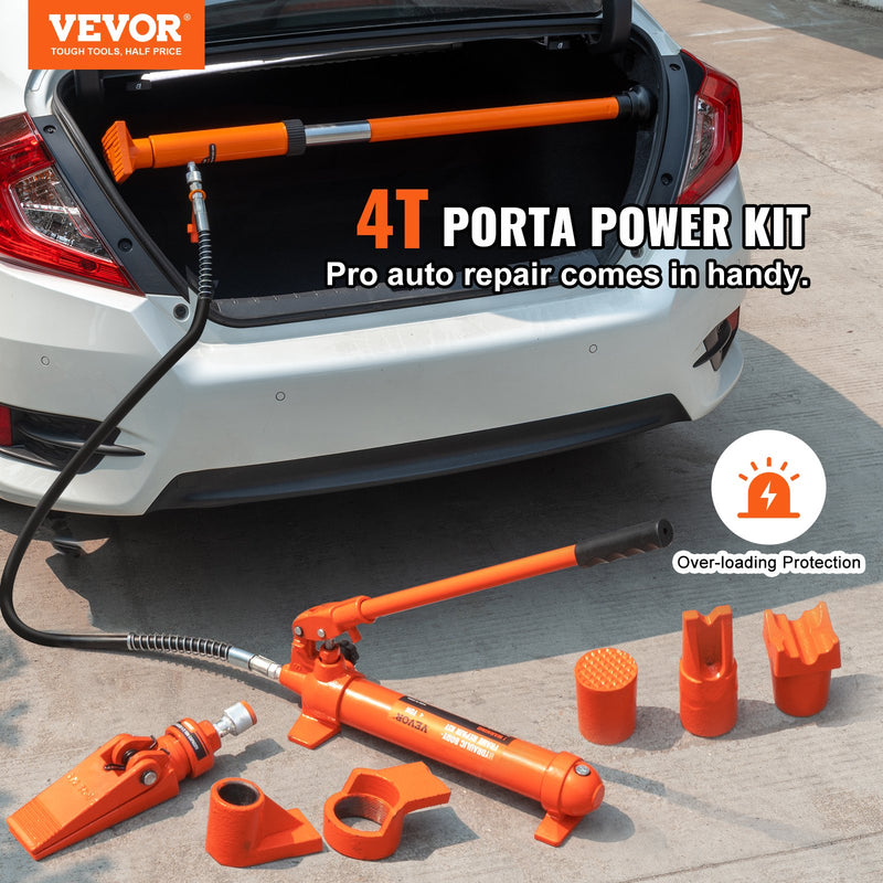 VEVOR 4 Ton Porta Power Kit - kaasaskantav hüdrauliline tõstuk koos 3,9 ft/1,2 m õlivoolikuga, autokere remondikomplekt koos hoiukastiga, sobib autode remondiks, veoautodele, põllumajandusele (8800 LBS)