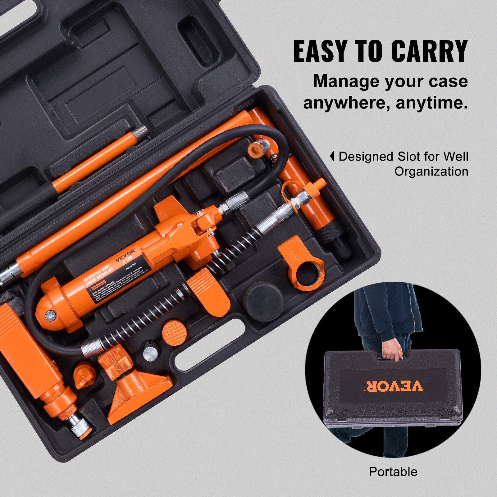 VEVOR 4 Ton Porta Power Kit - kaasaskantav hüdrauliline tõstuk koos 3,9 ft/1,2 m õlivoolikuga, autokere remondikomplekt koos hoiukastiga, sobib autode remondiks, veoautodele, põllumajandusele (8800 LBS)