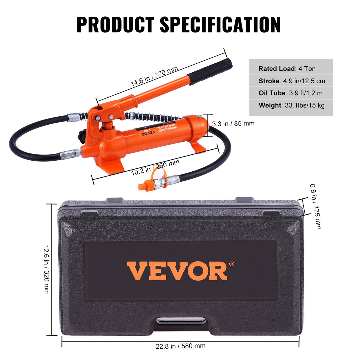 VEVOR 4 Ton Porta Power Kit - kaasaskantav hüdrauliline tõstuk koos 3,9 ft/1,2 m õlivoolikuga, autokere remondikomplekt koos hoiukastiga, sobib autode remondiks, veoautodele, põllumajandusele (8800 LBS)