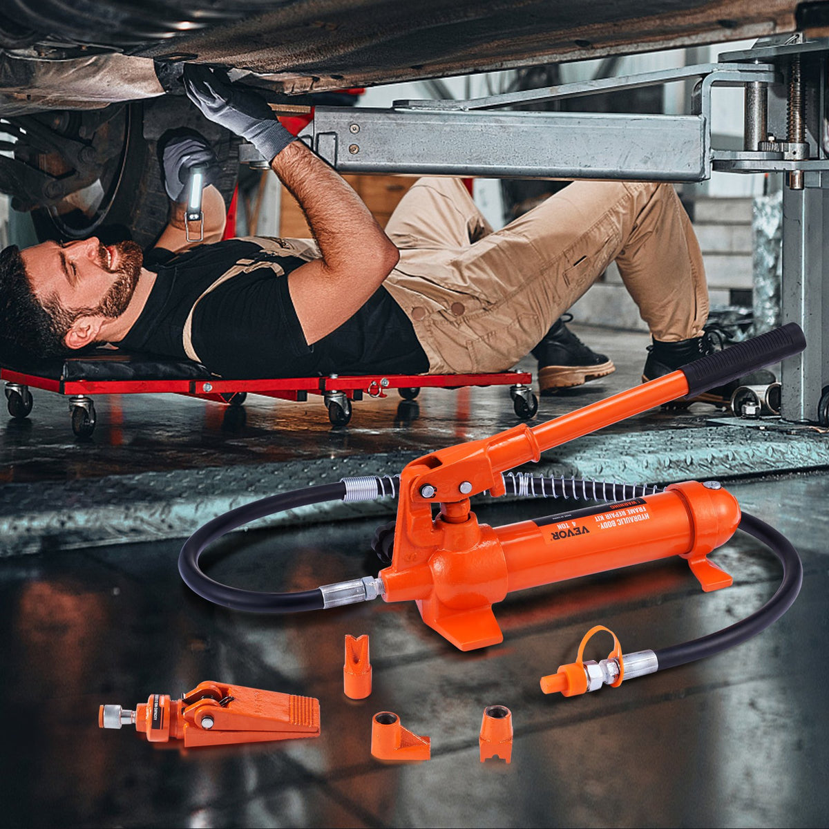 VEVOR 4 Ton Porta Power Kit - kaasaskantav hüdrauliline tõstuk koos 3,9 ft/1,2 m õlivoolikuga, autokere remondikomplekt koos hoiukastiga, sobib autode remondiks, veoautodele, põllumajandusele (8800 LBS)