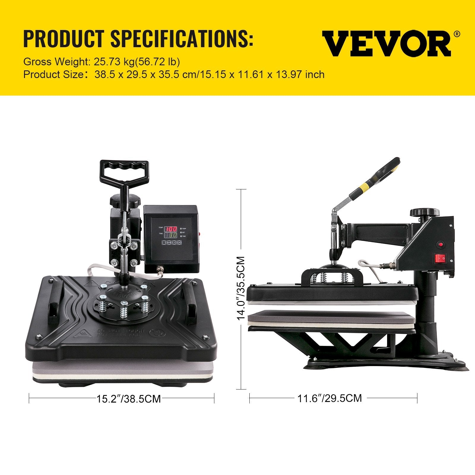 VEVOR 5-in-1 termopreses iekārta 38x30 cm, T-kreklu, krūžu, cepuru un šķīvju siltuma pārneses iekārta