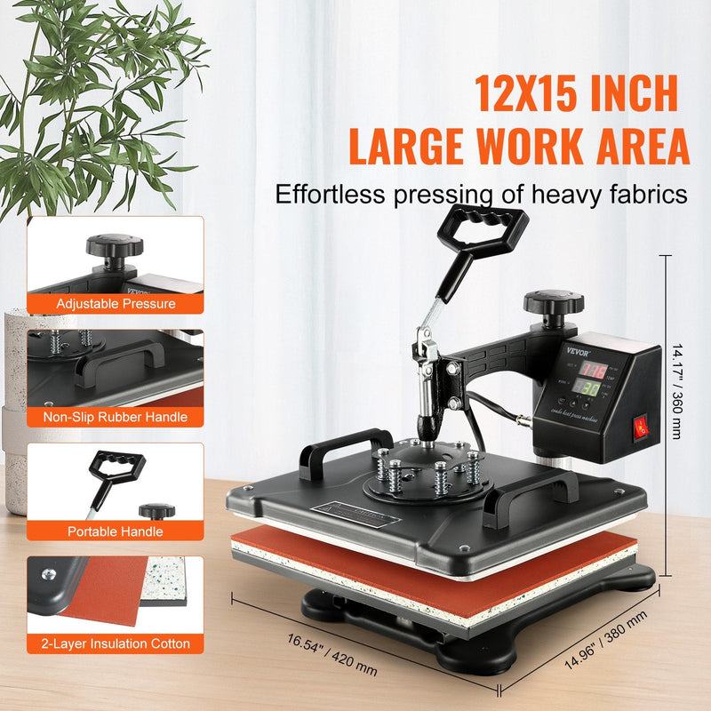 VEVOR 8-in-1 termoprese – 38 x 30 cm daudzfunkcionāla siltuma pārneses iekārta T-krekliem, krūzēm, cepurēm un šķīvjiem sublimācijas drukai