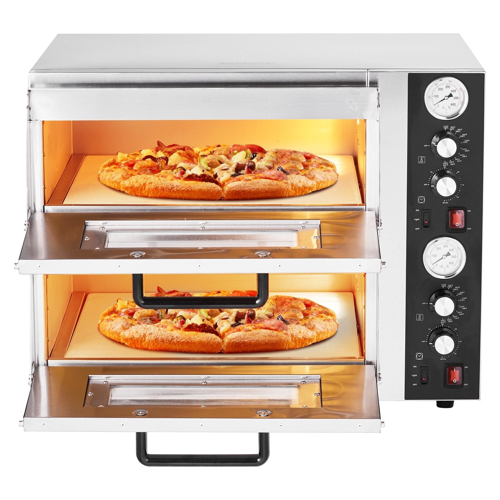 Elektriskā picas krāsns, 46 cm divstāvu galda modelis, 450 °C, ar termometru, neatkarīgu temperatūras kontroli un taimeri