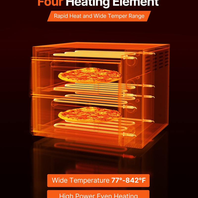 Elektriskā picas krāsns, 46 cm divstāvu galda modelis, 450 °C, ar termometru, neatkarīgu temperatūras kontroli un taimeri