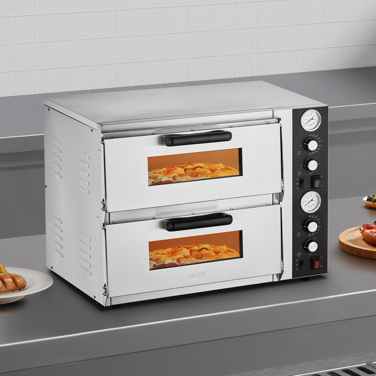 Elektriskā picas krāsns, 46 cm divstāvu galda modelis, 450 °C, ar termometru, neatkarīgu temperatūras kontroli un taimeri