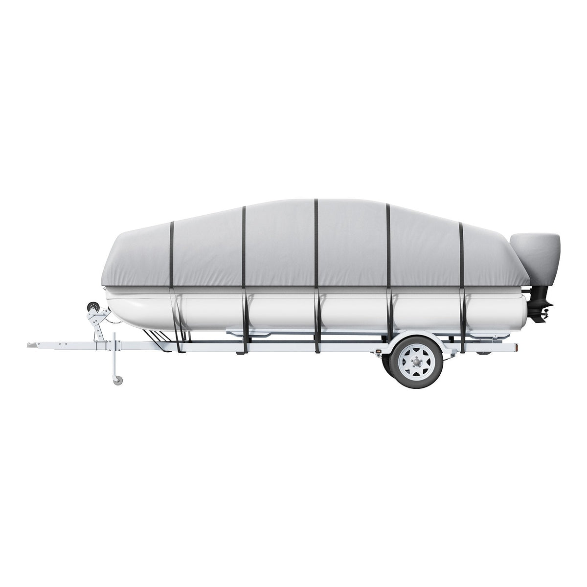 VEVOR pontona pārsegs 7010–7310 mm, 800D jūras klases PU Oksfordas audums, ar motora pārsegu un 16 stiprināšanas siksnām, piemērots platumam līdz 2590 mm, pelēks