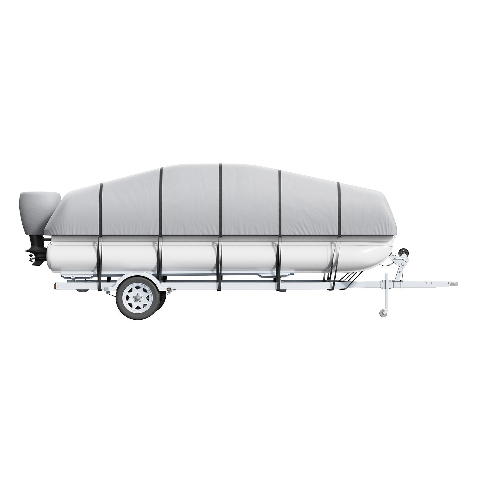 VEVOR pontona pārsegs 7010–7310 mm, 800D jūras klases PU Oksfordas audums, ar motora pārsegu un 16 stiprināšanas siksnām, piemērots platumam līdz 2590 mm, pelēks