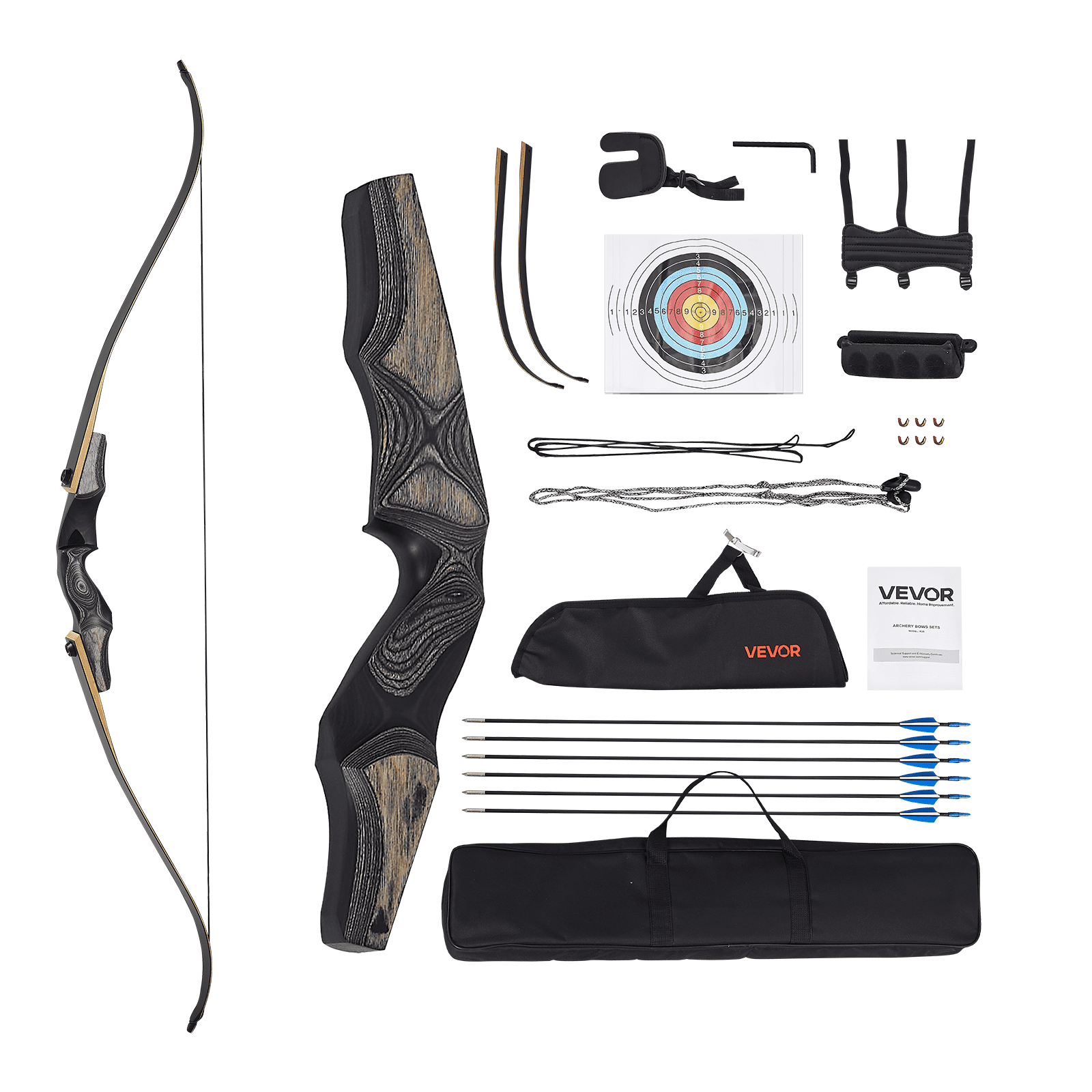 Sporta un mērķšaušanas komplekts ar recurve loku — 152 cm izjaucams koka loks labročiem ar ergonomisku rokturi, piemērots treniņiem un šaušanai mērķī (13,6 lbs), iesācējiem un pieredzējušiem