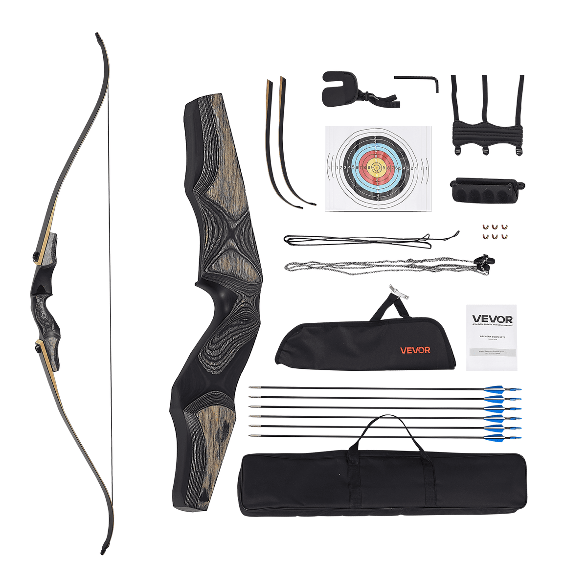 Sporta un mērķšaušanas komplekts ar recurve loku — 152 cm izjaucams koka loks labročiem ar ergonomisku rokturi, piemērots treniņiem un šaušanai mērķī (13,6 lbs), iesācējiem un pieredzējušiem