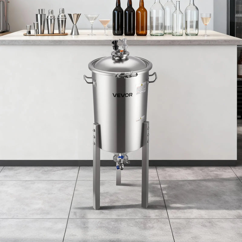 VEVOR nerūsējošā tērauda koniskais fermentācijas trauks, 30 l, mājas alus un vīna raudzēšanai, fermentācijas tvertne ar konisku dibenu, 3 regulējamām kājām, vāku, rokturi un termometru