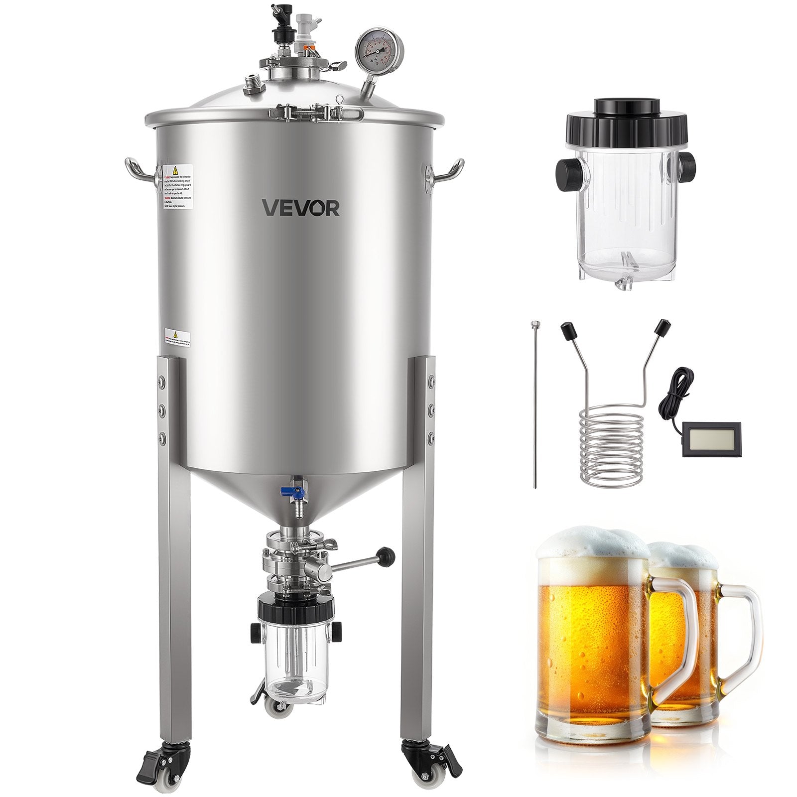 VEVOR nerūsējošā tērauda konusveida fermentācijas tvertne, 60 l mājas alus darīšanas fermentators ar konusveida apakšu, 3 ritentiņiem, vāku, rokturi un termometru vīna un alus fermentācijai