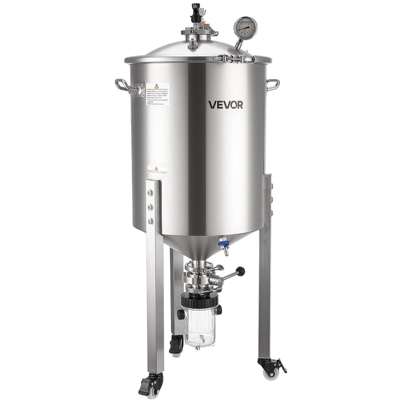 VEVOR nerūsējošā tērauda konusveida fermentācijas tvertne, 60 l mājas alus darīšanas fermentators ar konusveida apakšu, 3 ritentiņiem, vāku, rokturi un termometru vīna un alus fermentācijai