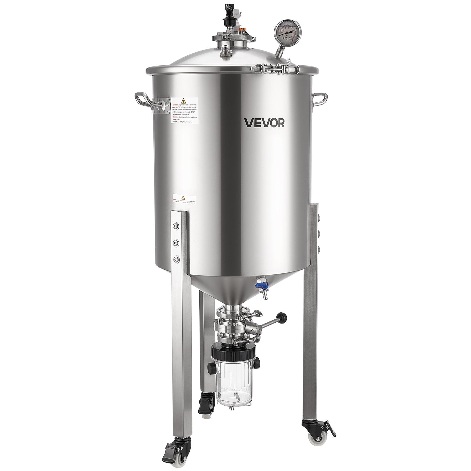 VEVOR nerūsējošā tērauda konusveida fermentācijas tvertne, 60 l mājas alus darīšanas fermentators ar konusveida apakšu, 3 ritentiņiem, vāku, rokturi un termometru vīna un alus fermentācijai