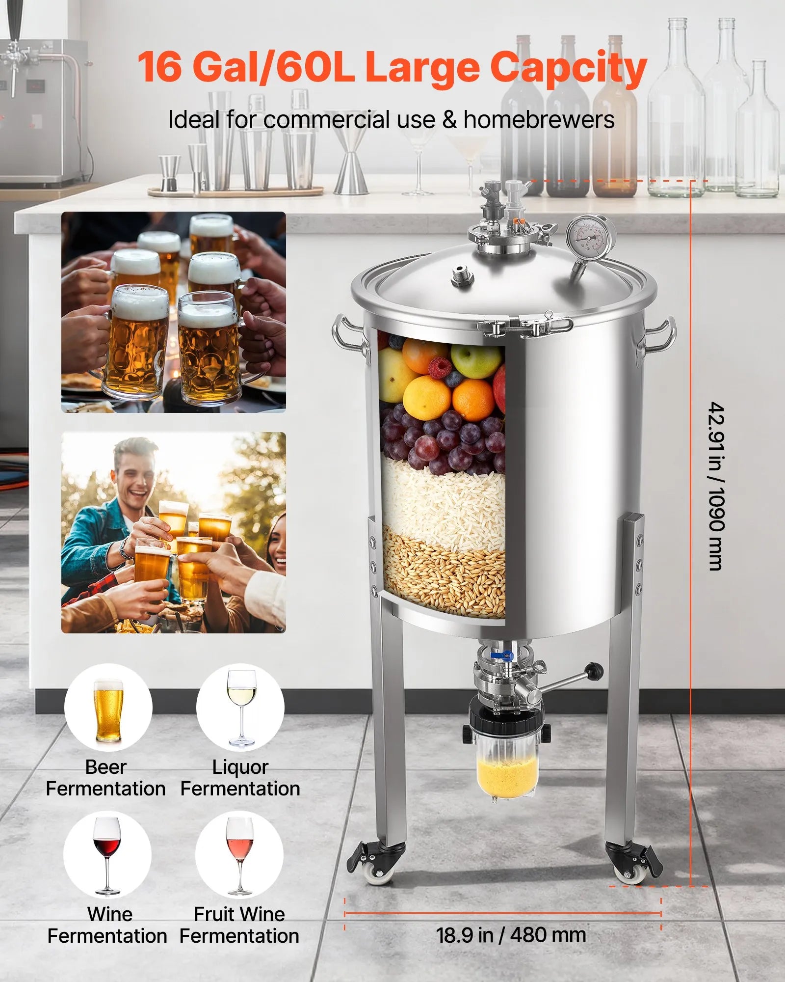 VEVOR nerūsējošā tērauda konusveida fermentācijas tvertne, 60 l mājas alus darīšanas fermentators ar konusveida apakšu, 3 ritentiņiem, vāku, rokturi un termometru vīna un alus fermentācijai