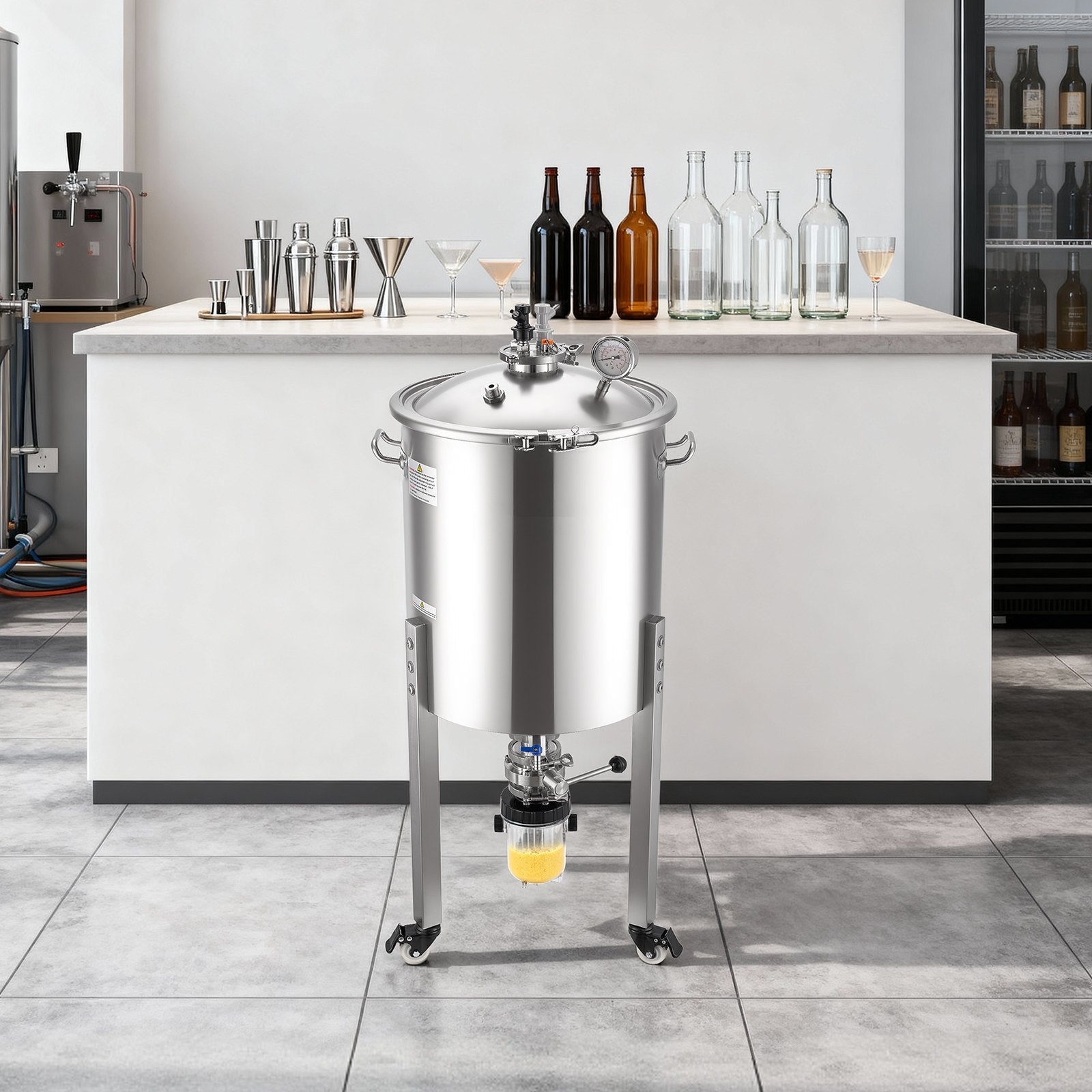 VEVOR nerūsējošā tērauda konusveida fermentācijas tvertne, 60 l mājas alus darīšanas fermentators ar konusveida apakšu, 3 ritentiņiem, vāku, rokturi un termometru vīna un alus fermentācijai