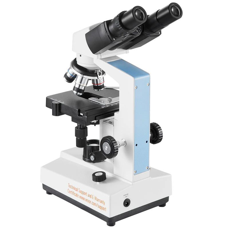 VEVOR binokulārais laboratorijas mikroskops ar LED apgaismojumu, 40–2500× palielinājums, divslāņu mehāniskais paraugu galds, komplektā tālruņa turētājs un mikroskopa priekšmetstikliņi