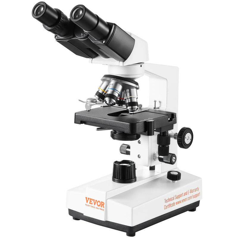 VEVOR binokulārais laboratorijas mikroskops ar LED apgaismojumu, 40–2500× palielinājums, divslāņu mehāniskais paraugu galds, komplektā tālruņa turētājs un mikroskopa priekšmetstikliņi