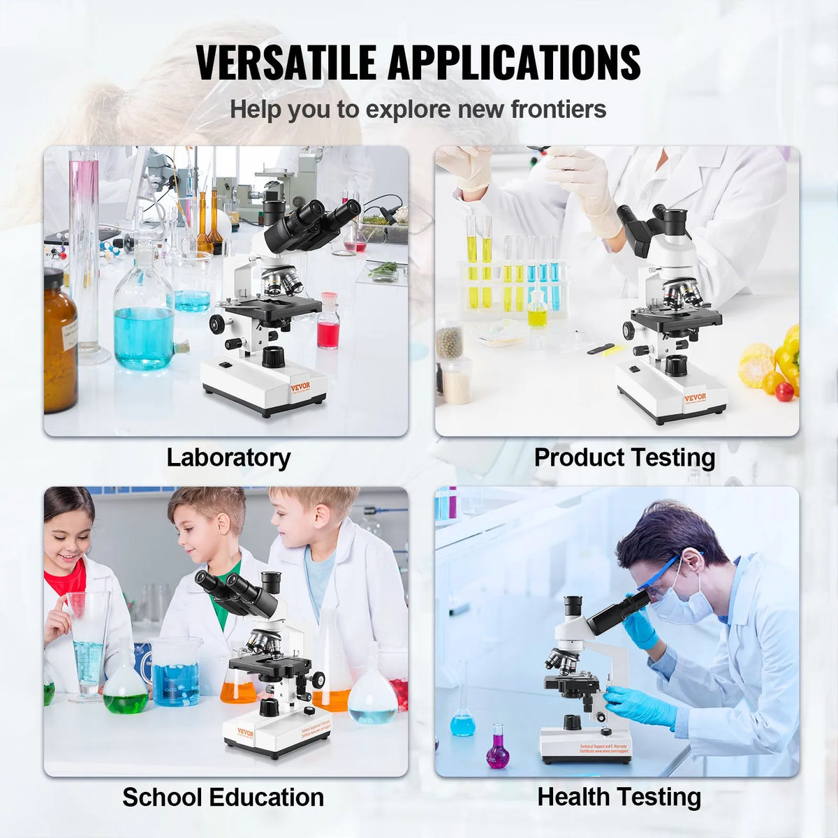 VEVOR trīnokulārais laboratorijas mikroskops ar LED apgaismojumu un ārējo interfeisu, palielinājums 40–2500×