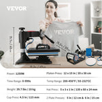 VEVOR karstspiedes iekārta 5-in-1 ar drukas laukumu  30 x 38 cm, jauda 1250 W, piemērota: T-krekliem, šķīvjiem, krūzēm, kausiem un citiem priekšmetiem Jauda: 1250 W