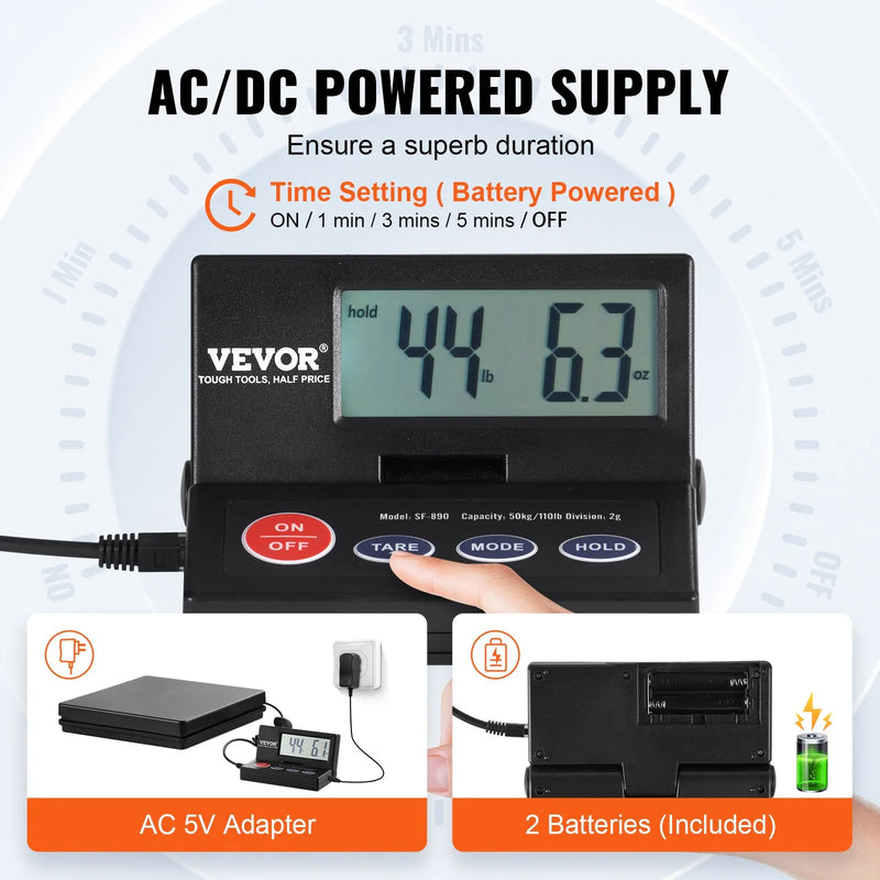 VEVOR digitālie pasta svari, 49,9 kg × 2 g, AC/DC barošana, LCD displejs