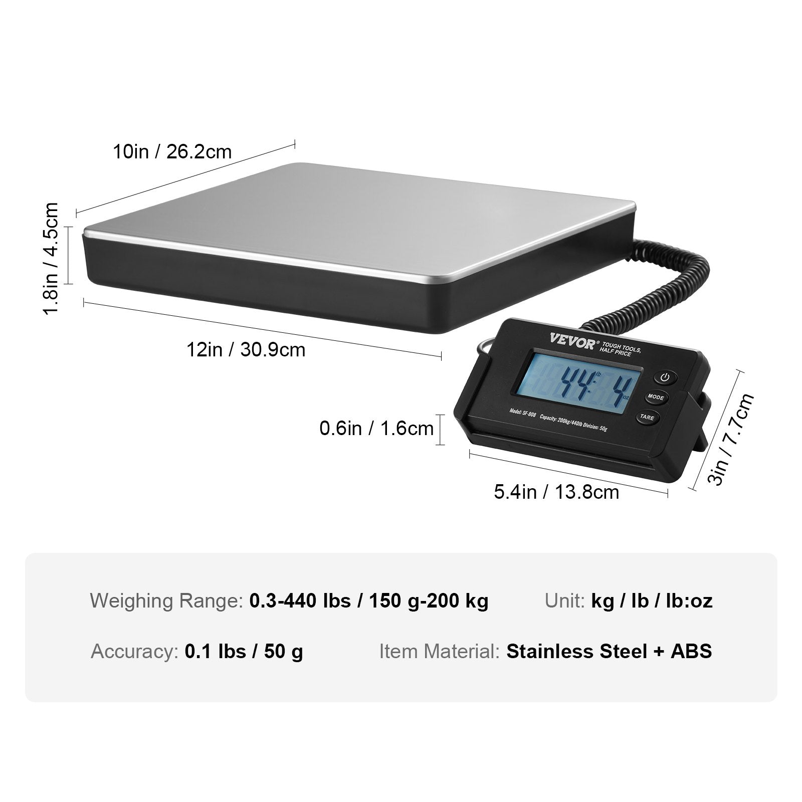 VEVOR  digitālie sūtījumu pasta svari, 200 kg ar precizitāti līdz 50 g, AC/DC, LCD Displejs