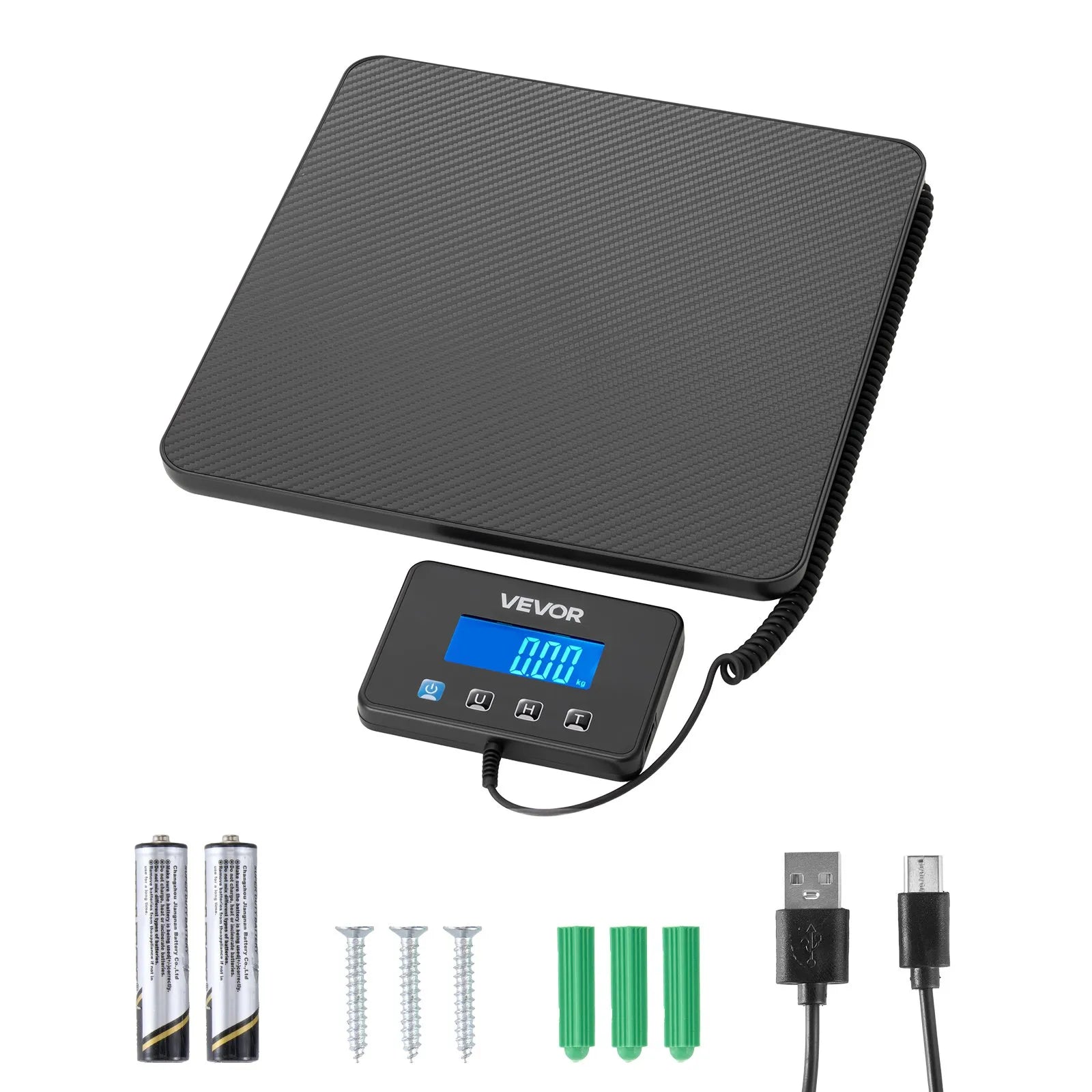VEVOR digital postal scales with 10 g / 100 g dual precision, 200 kg commercial scales with Hold / Tare functions and an LCD display, designed for shipments, mail, and luggage; includes a battery and charging cable