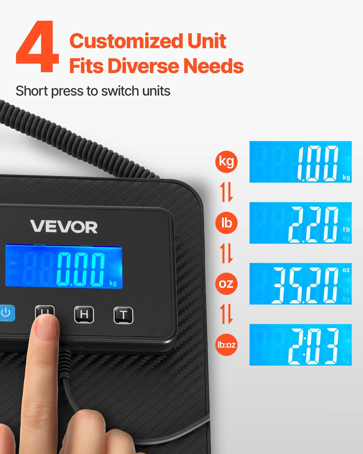 VEVOR digitālie pasta svari ar 10 g / 100 g dubulto precizitāti, 200 kg komerciālie svari ar turēšanas (Hold) / taras (Tare) funkciju un LCD displeju, paredzēti sūtījumiem, pasta nosūtījumiem un bagāžai, komplektā baterija un uzlādes kabelis