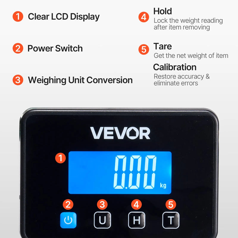VEVOR digitālie pasta svari ar 10 g / 100 g dubulto precizitāti, 200 kg komerciālie svari ar turēšanas (Hold) / taras (Tare) funkciju un LCD displeju, paredzēti sūtījumiem, pasta nosūtījumiem un bagāžai, komplektā baterija un uzlādes kabelis
