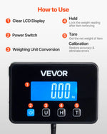 VEVOR digitālie pasta svari ar 10 g / 100 g dubulto precizitāti, 200 kg komerciālie svari ar turēšanas (Hold) / taras (Tare) funkciju un LCD displeju, paredzēti sūtījumiem, pasta nosūtījumiem un bagāžai, komplektā baterija un uzlādes kabelis